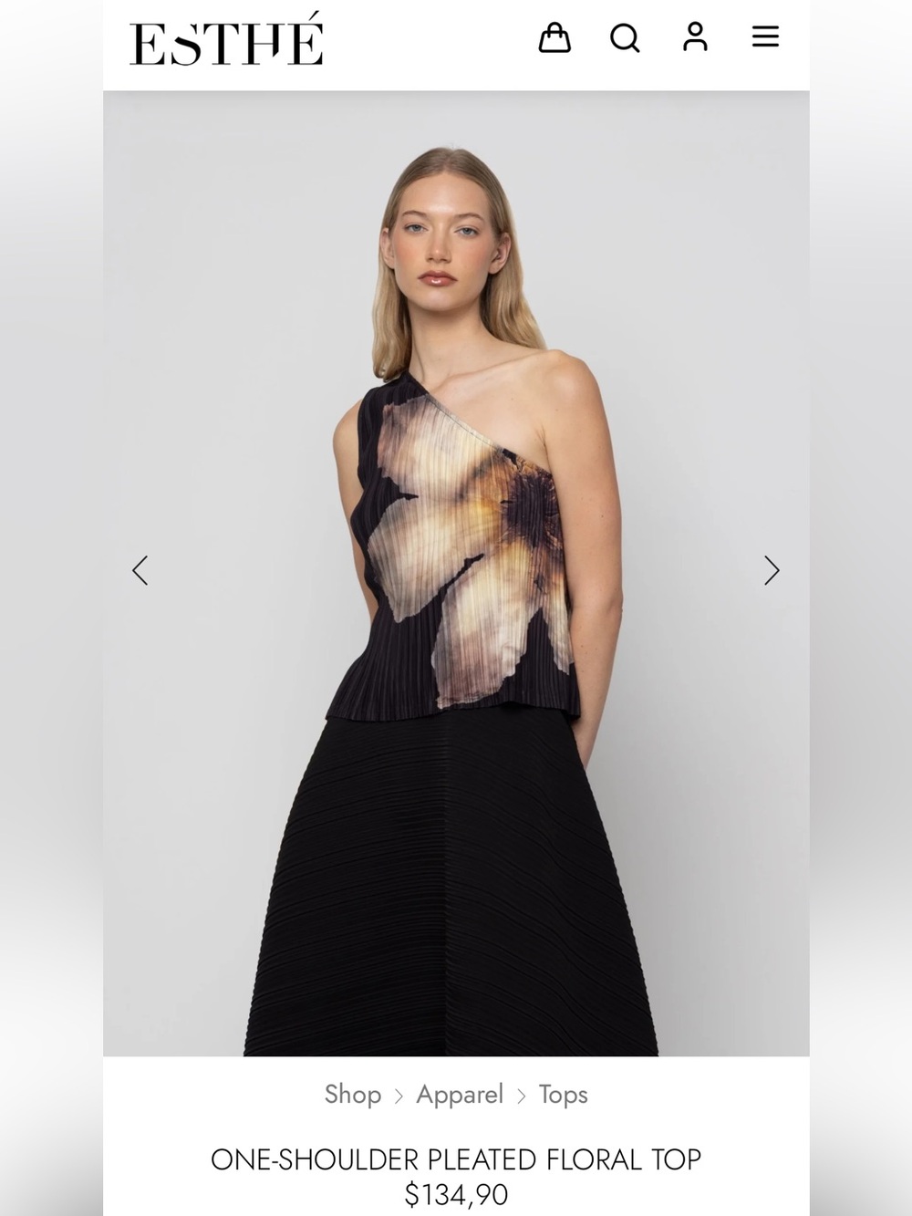 ESTHE One-Shoulder Black Floral Pleated Top